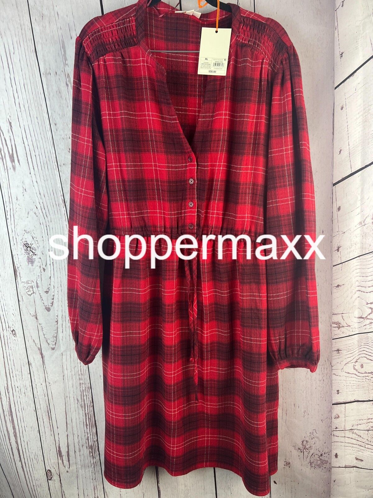 Women's Long Sleeve Plaid A-Line Dress - Knox Rose, Red , Size-XL