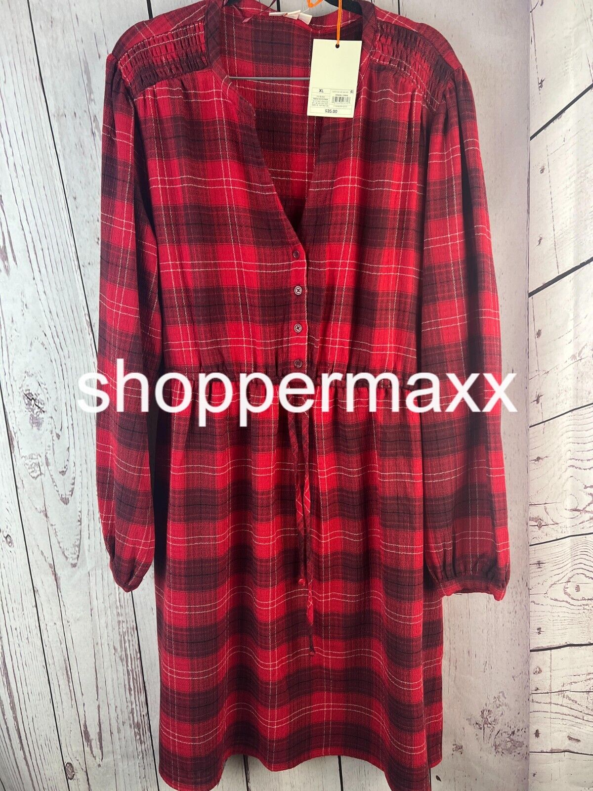 Women's Long Sleeve Plaid A-Line Dress - Knox Rose, Red , Size-XL