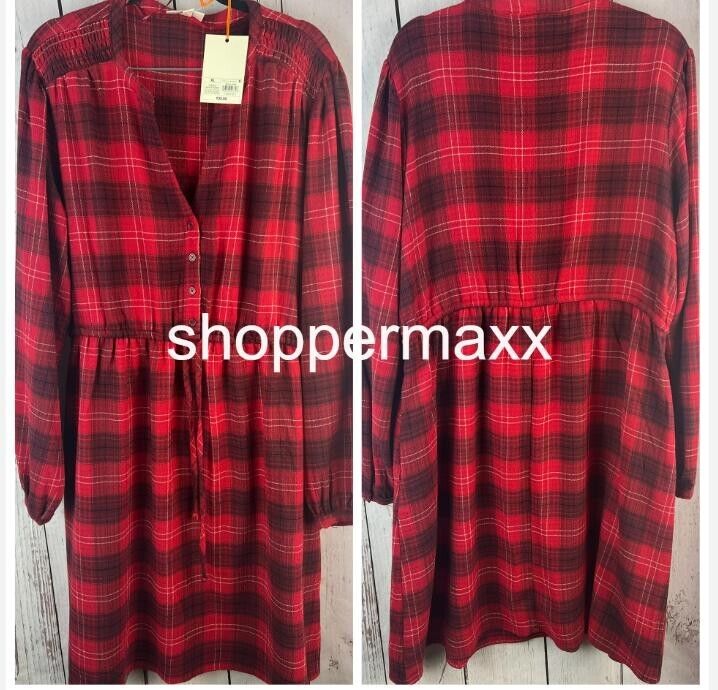 Women's Long Sleeve Plaid A-Line Dress - Knox Rose, Red , Size-XL