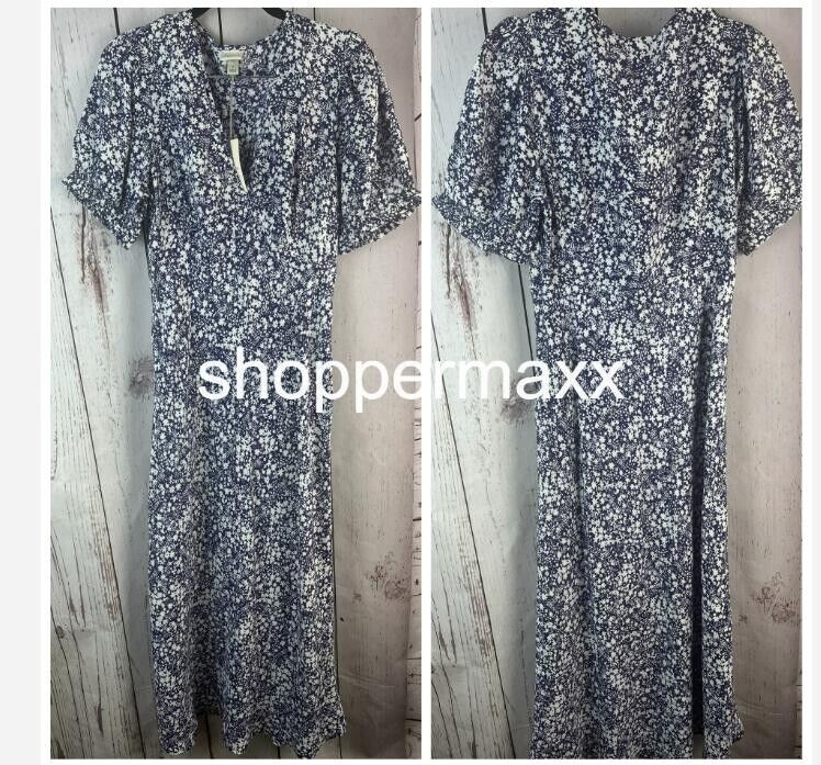 Women's Crepe Puff Short Sleeve Midi Dress - A New Day, Navy Blue Floral, Size S