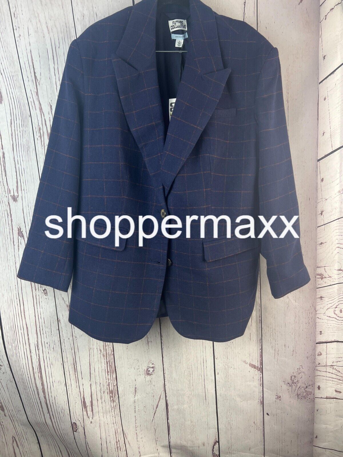 Women's Long Sleeve, Prep Check Blazer - Future Collective, Navy Blue, Size XL