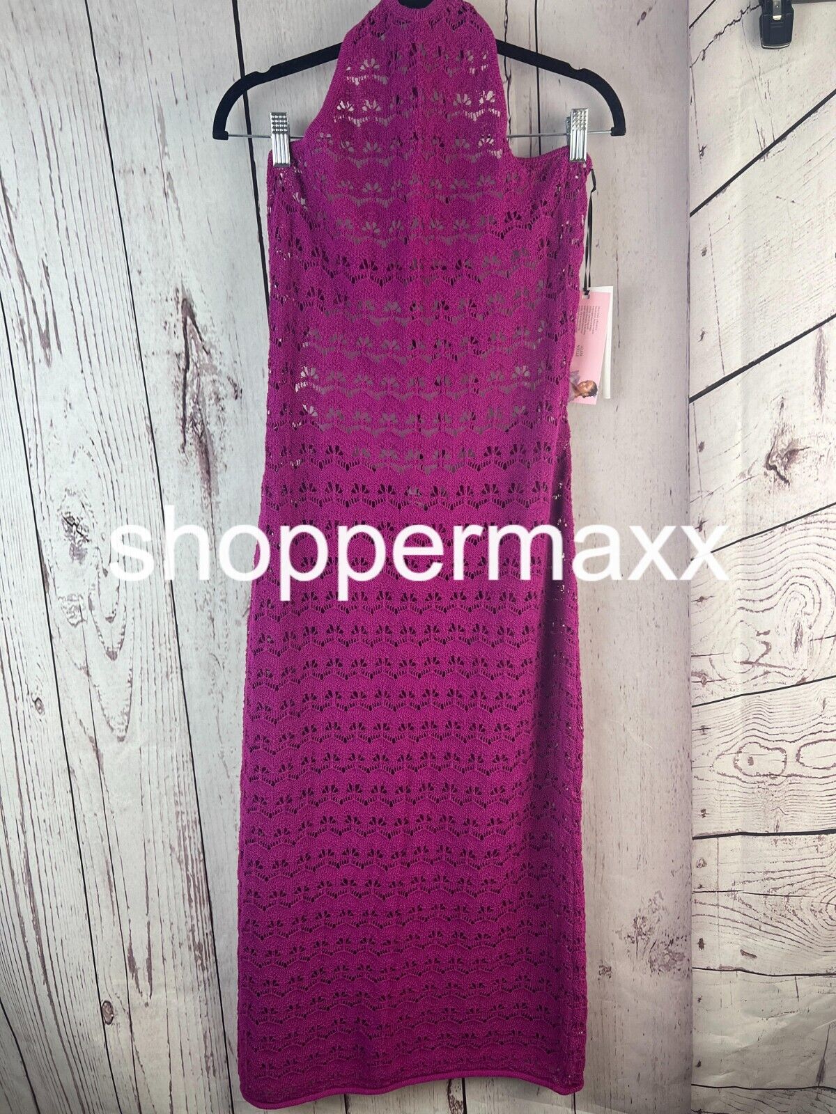 Women' Halter Tie Neck Open Knit Crochet Midi Sweater Dress-Future Collective, L