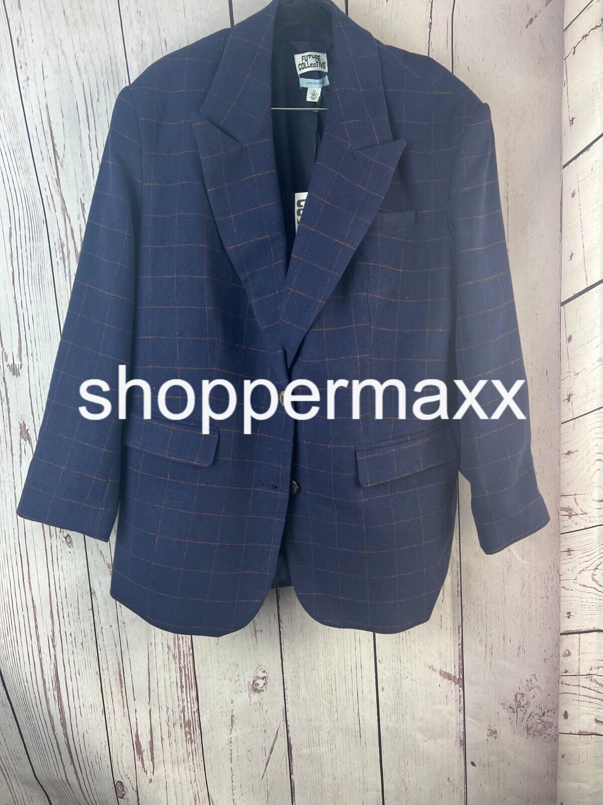 Women's Long Sleeve, Prep Check Blazer - Future Collective, Navy Blue, Size XL
