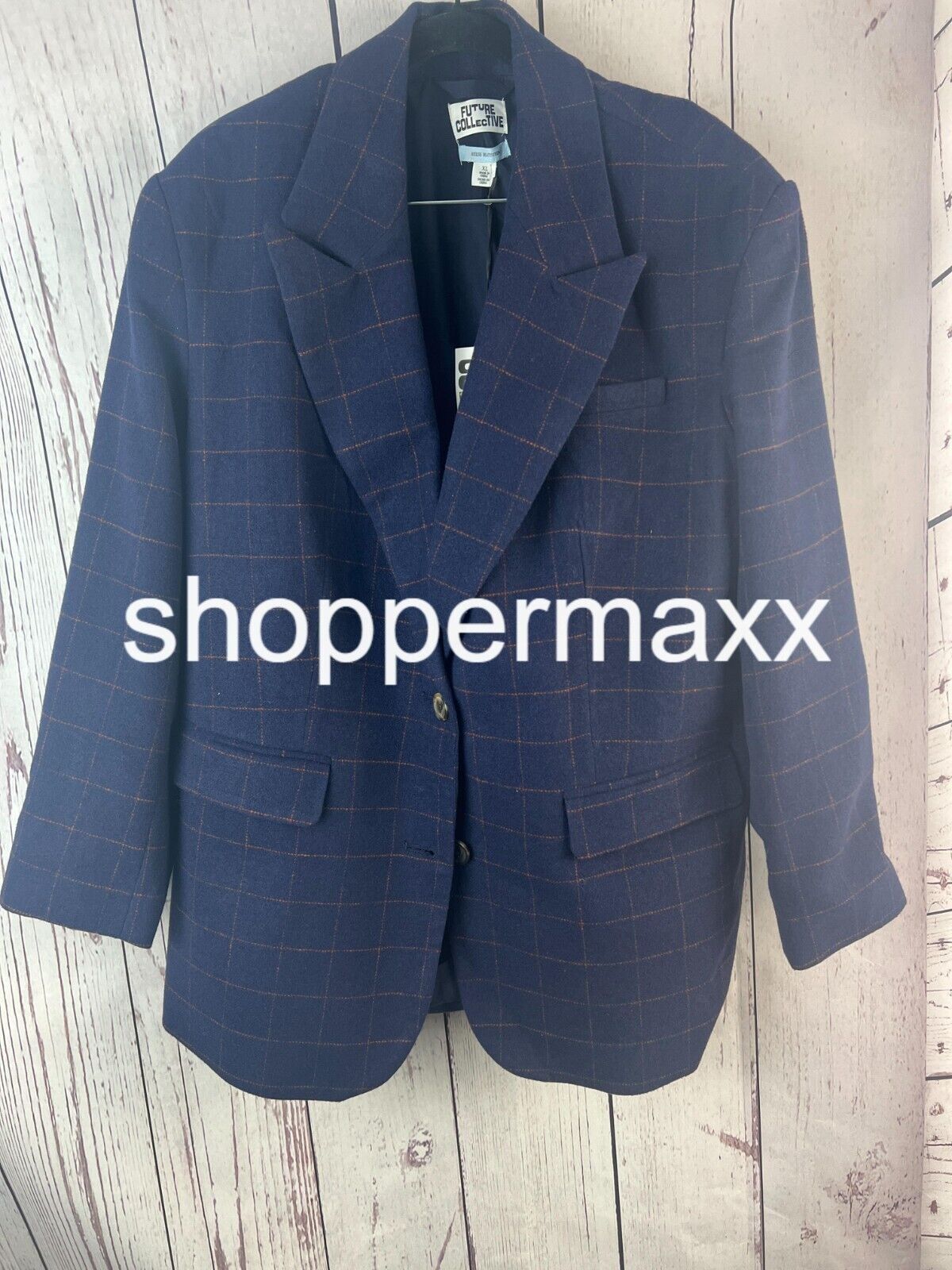 Women's Long Sleeve, Prep Check Blazer - Future Collective, Navy Blue, Size XL