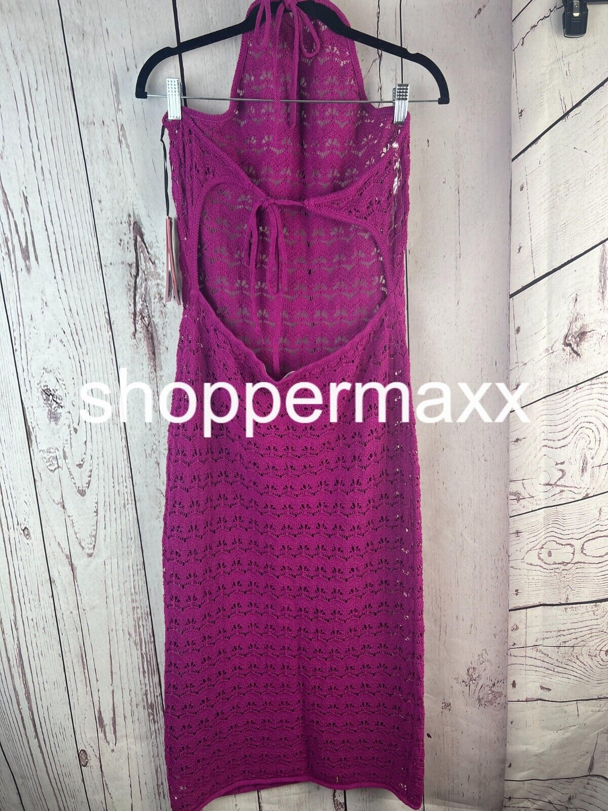 Women' Halter Tie Neck Open Knit Crochet Midi Sweater Dress-Future Collective, L