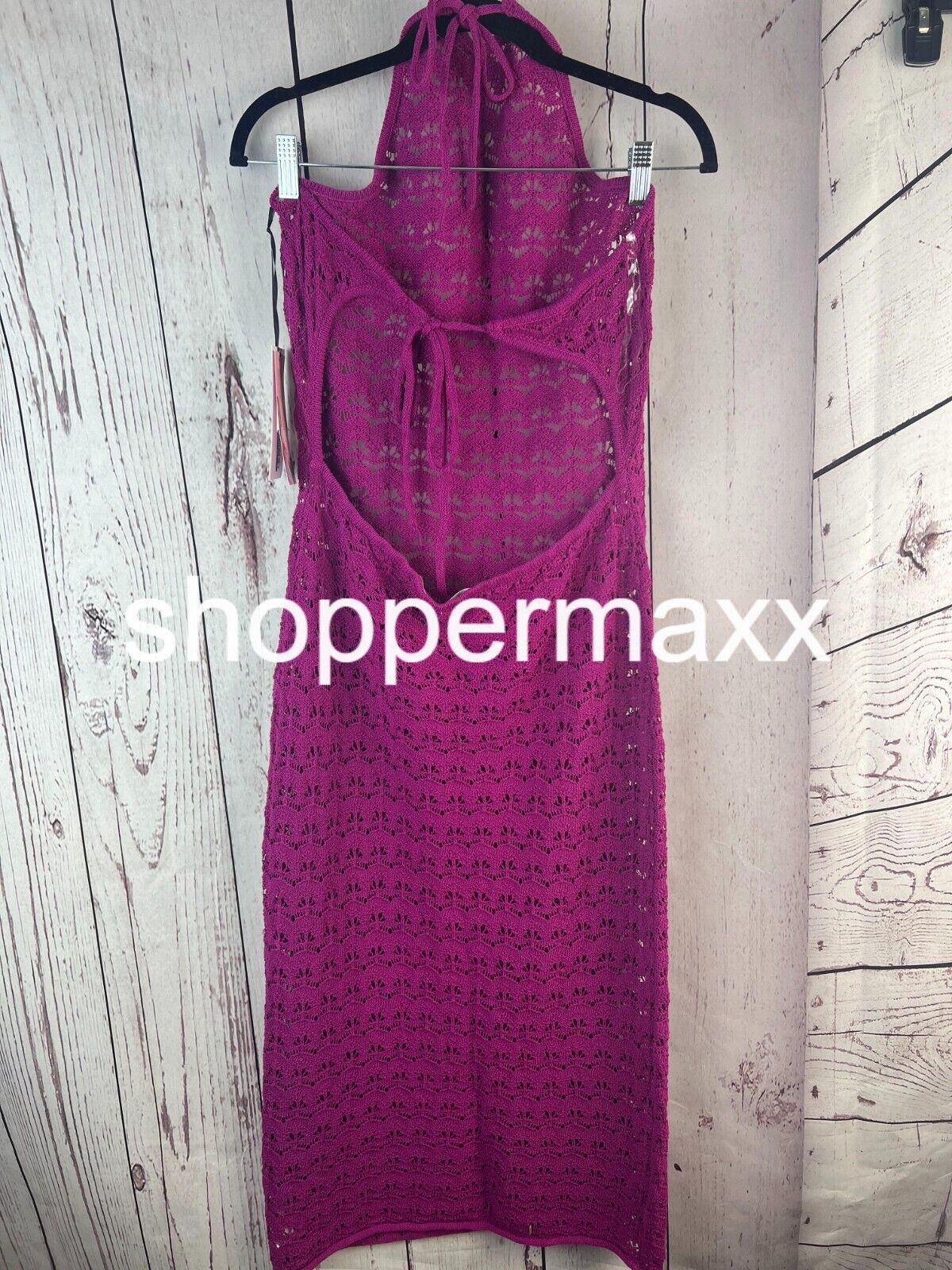 Women' Halter Tie Neck Open Knit Crochet Midi Sweater Dress-Future Collective, L