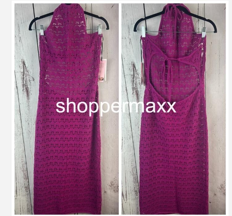 Women' Halter Tie Neck Open Knit Crochet Midi Sweater Dress-Future Collective, L