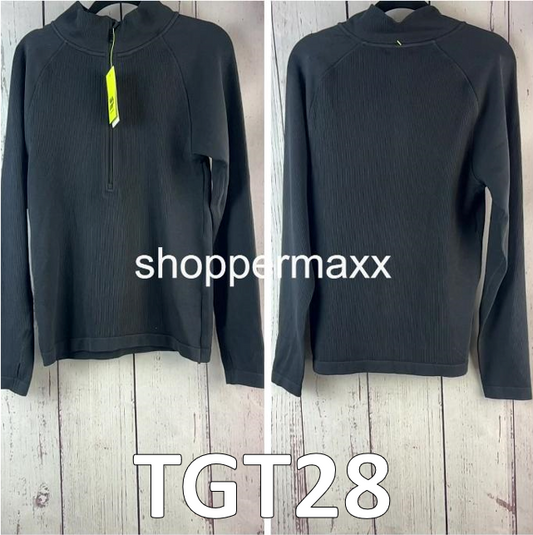 Women's Rib Long Sleeve 1/2 Zip Top - Athletic Top, Active Wear-Black, Size- XXL