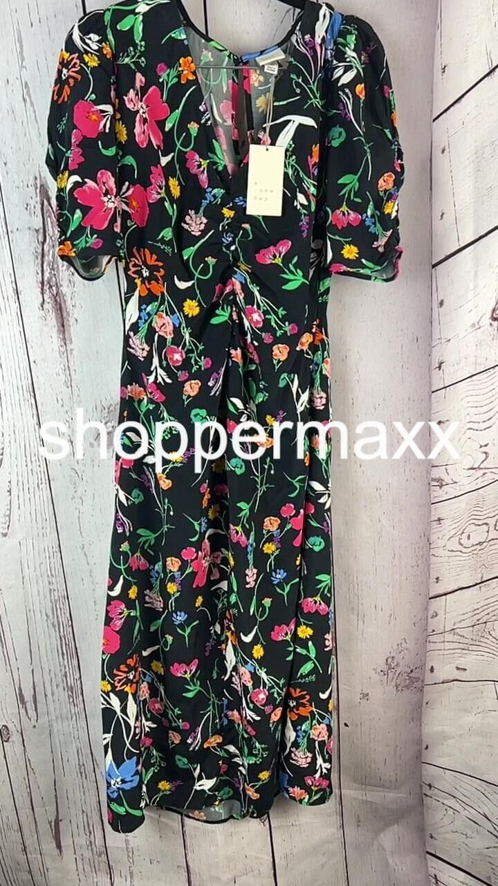 Women's Puff Short Sleeve Ruched A-Line Dress - A New Day, Black Floral, Size XS