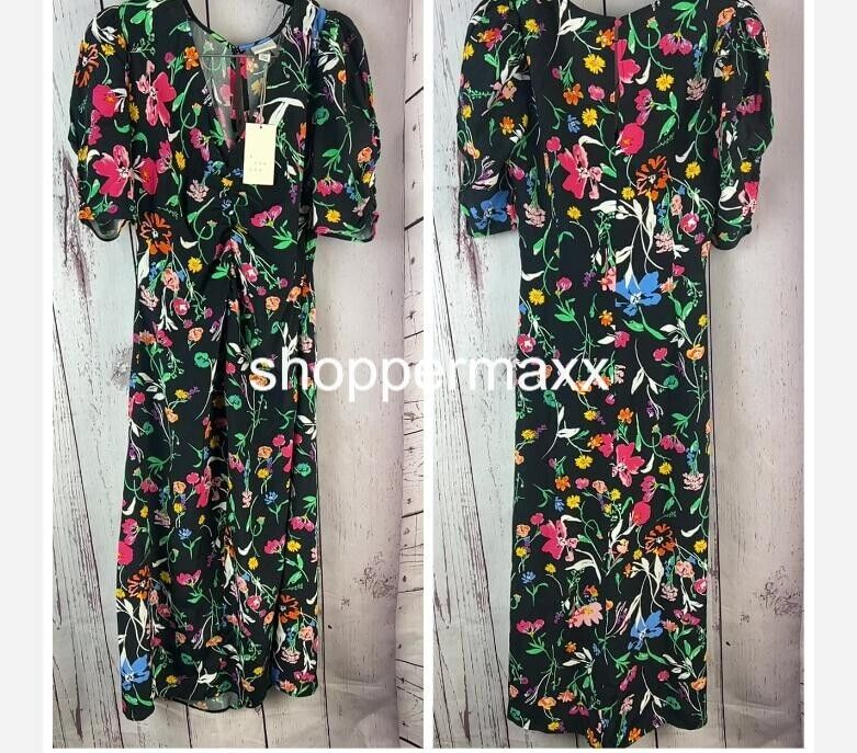 Women's Puff Short Sleeve Ruched A-Line Dress - A New Day, Black Floral, Size XS