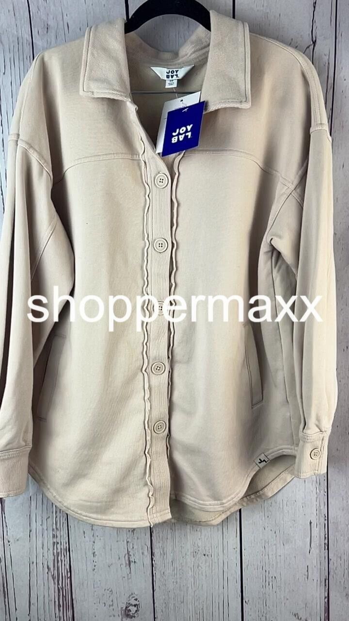 Women's French Terry Button Down Shacket - JoyLab, Ivory, Size- XS