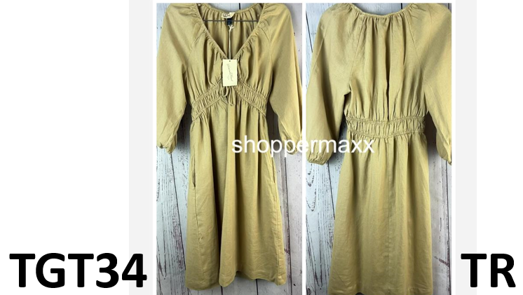 Women's Tie-Front Puff 3/4 Sleeve Midi Dress - Universal Thread, Tan, Size- XS