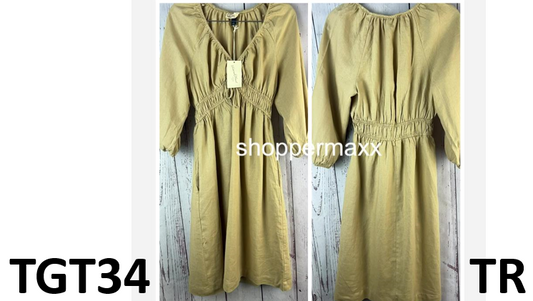Women's Tie-Front Puff 3/4 Sleeve Midi Dress - Universal Thread, Tan, Size- XS