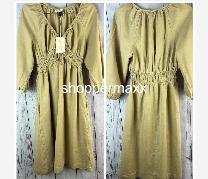 Women's Tie-Front Puff 3/4 Sleeve Midi Dress - Universal Thread, Tan, Size- XS