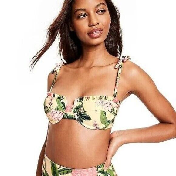 Women's Peony Botanical Print Underwire Bikini Top Agua Bendita Yellow Small 4-6