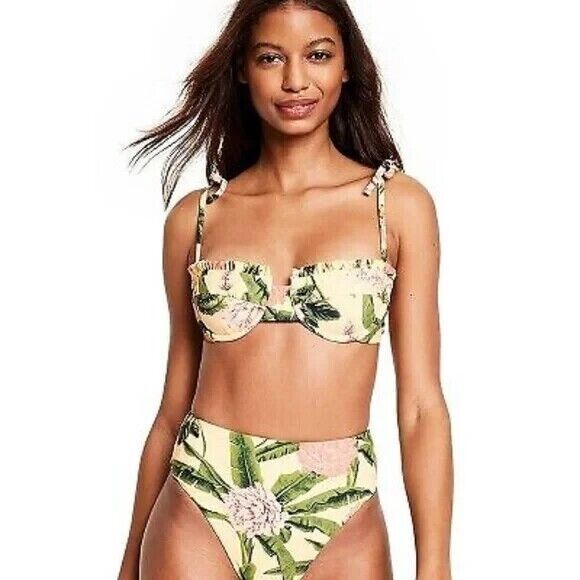 Women's Peony Botanical Print Underwire Bikini Top Agua Bendita Yellow Small 4-6