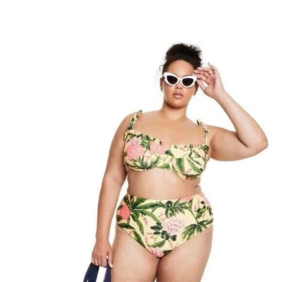 Women's Peony Botanical Print Underwire Bikini Top Agua Bendita Yellow Small 4-6