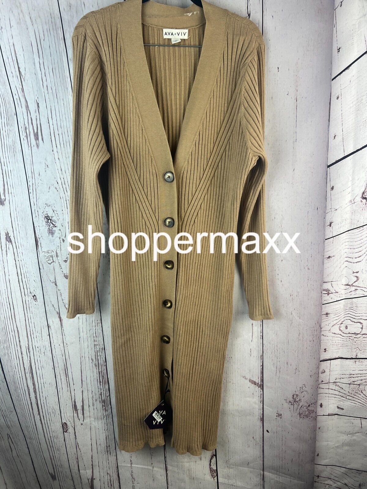 Women's Rib Duster Cardigan - Ava & Viv, Color- Beige, Size- 1X(18)