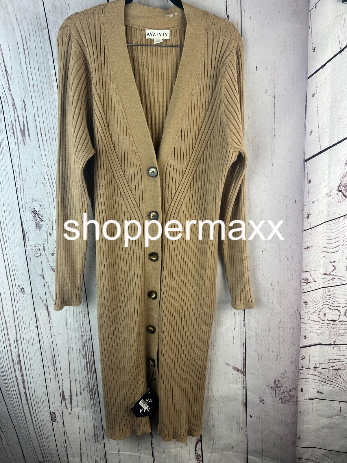 Women's Rib Duster Cardigan - Ava & Viv, Color- Beige, Size- 1X(18)