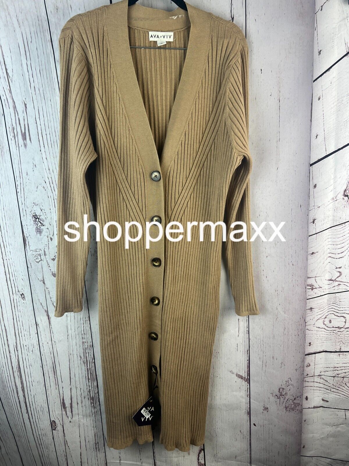 Women's Rib Duster Cardigan - Ava & Viv, Color- Beige, Size- 1X(18)