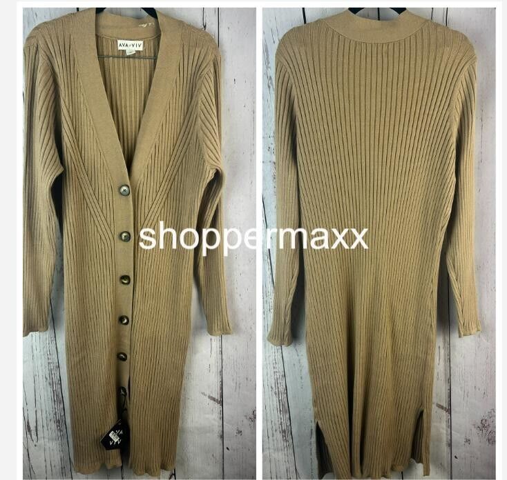 Women's Rib Duster Cardigan - Ava & Viv, Color- Beige, Size- 1X(18)