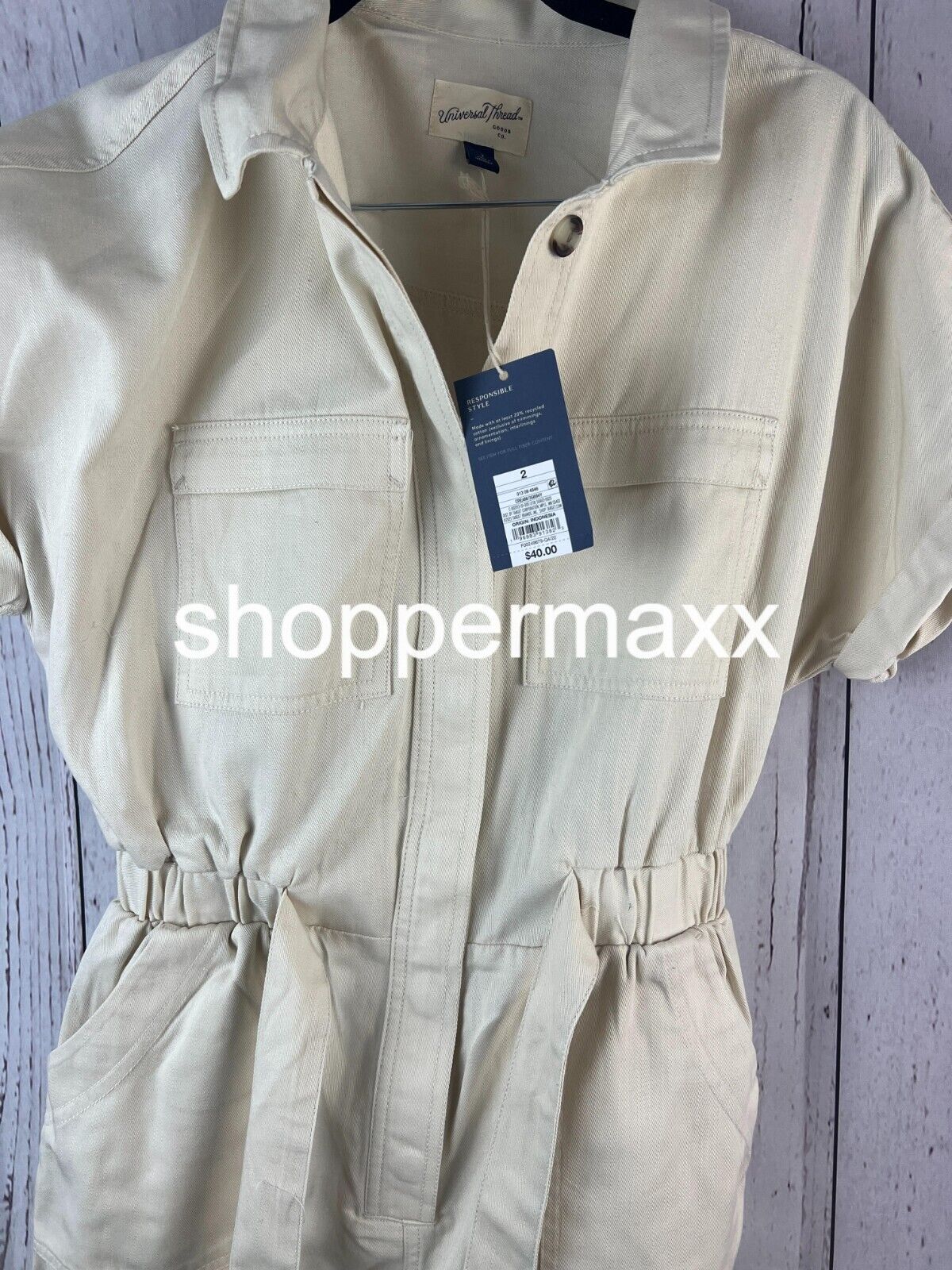 WOMEN'S SHORT SLEEVE BUTTON-FRONT BOILERSUIT - UNIVERSAL THREAD, CREAM, Size- 2