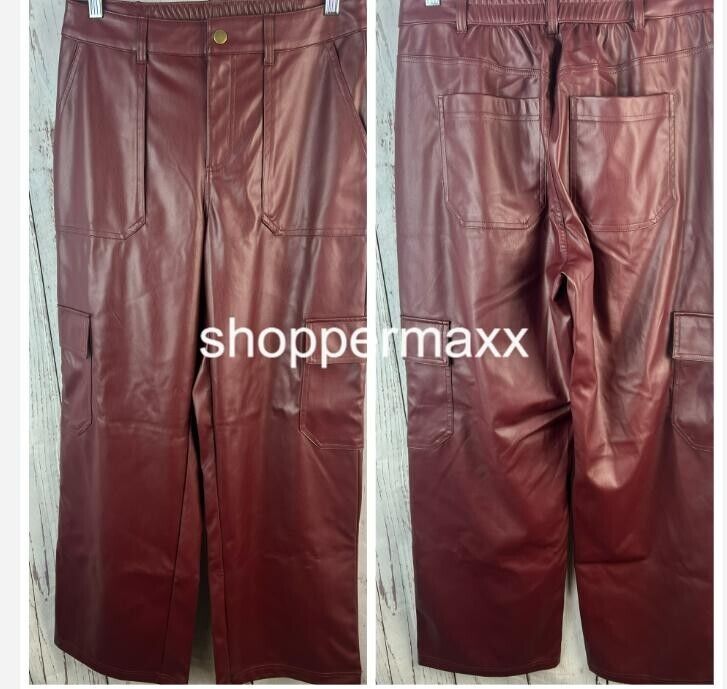 Women's High-Rise Straight Leg Faux Leather Cargo Pants - Wild Fable,Burgundy, M