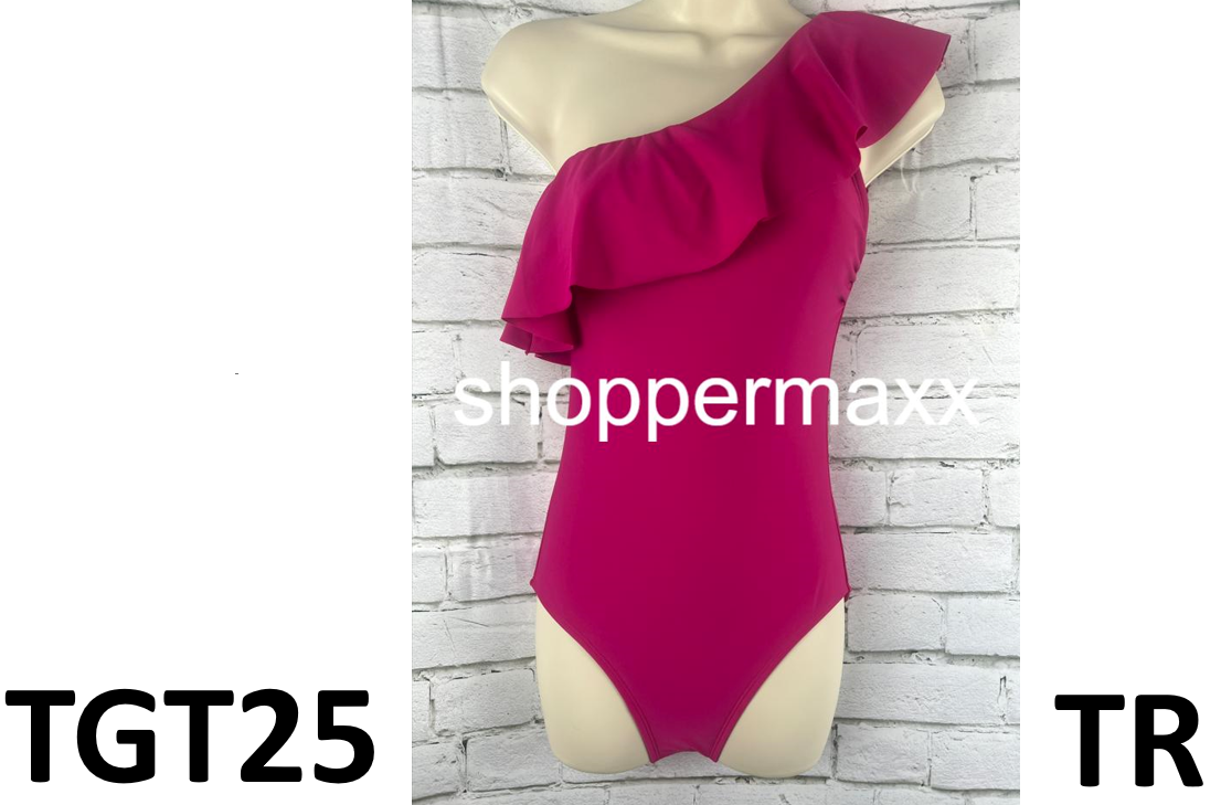 Women's Ruffle One Shoulder Full Coverage One Piece Swimsuit- Kona Sol, Pink, XL