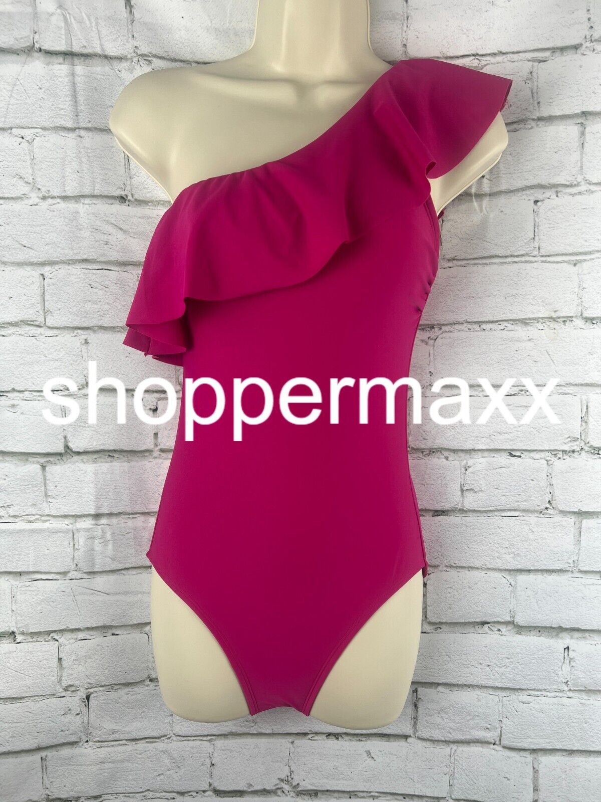 Women's Ruffle One Shoulder Full Coverage One Piece Swimsuit- Kona Sol, Pink, XL