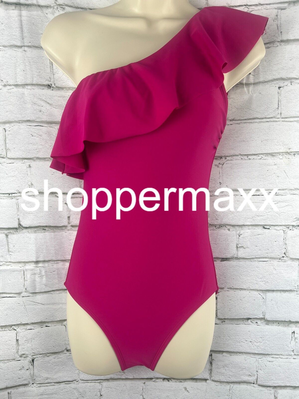 Women's Ruffle One Shoulder Full Coverage One Piece Swimsuit- Kona Sol, Pink, XL