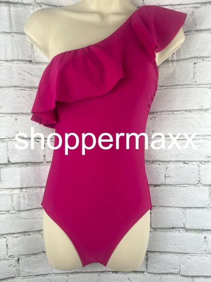 Women's Ruffle One Shoulder Full Coverage One Piece Swimsuit- Kona Sol, Pink, XL