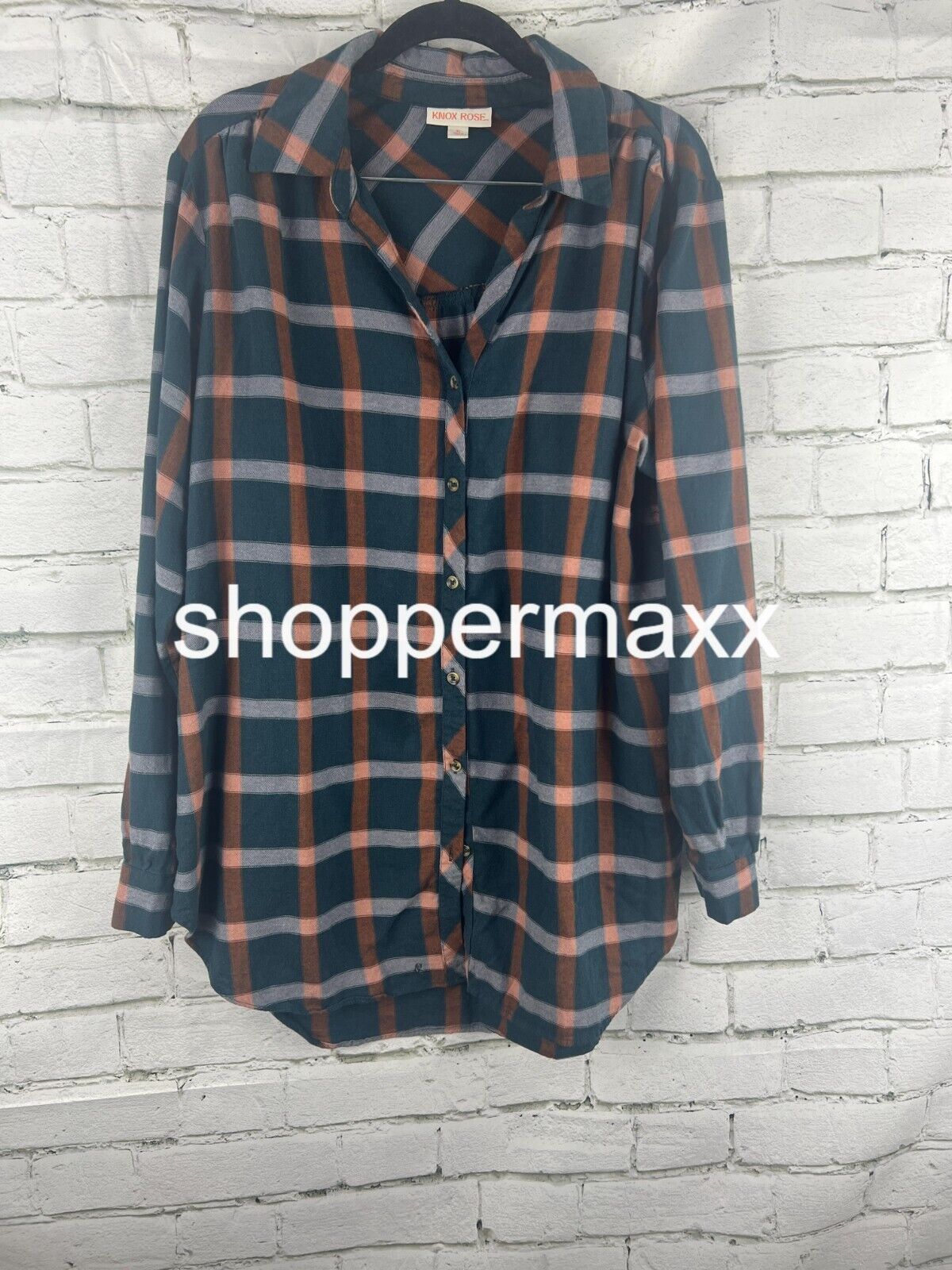 Women's Long Sleeve Button-Down Tunic Shirt - Knox Rose, Navy Blue Plaid, XL