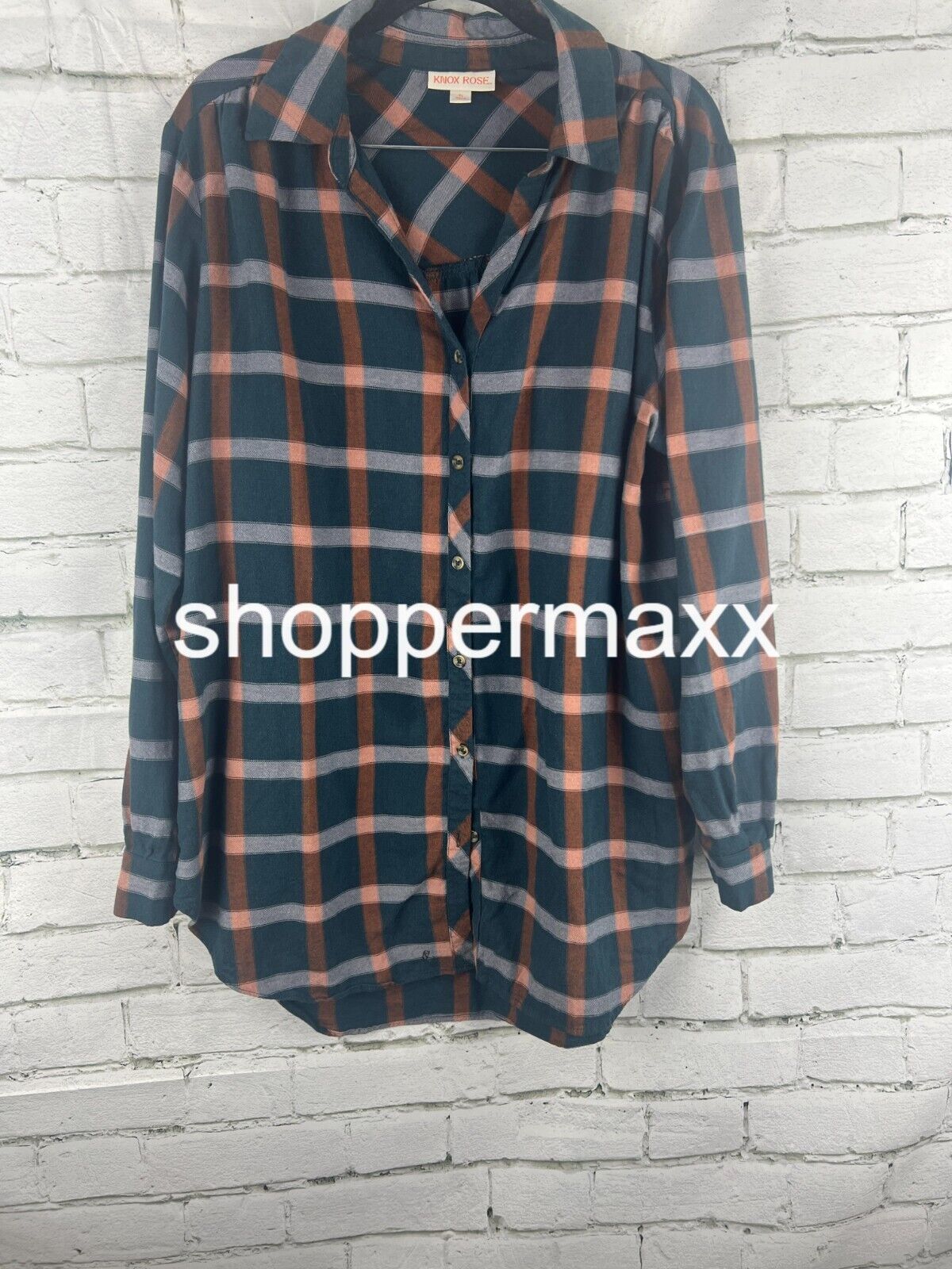 Women's Long Sleeve Button-Down Tunic Shirt - Knox Rose, Navy Blue Plaid, XL