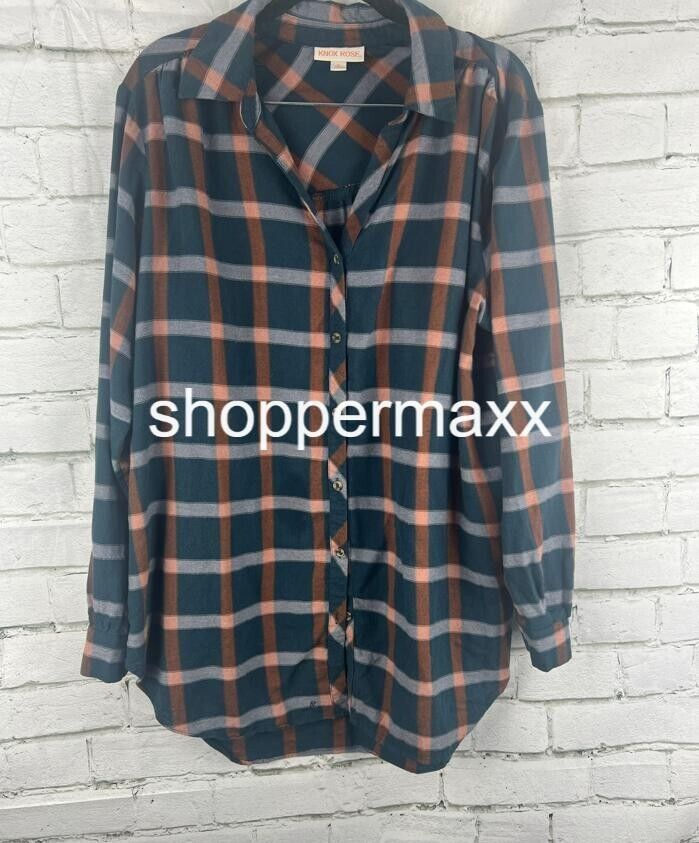 Women's Long Sleeve Button-Down Tunic Shirt - Knox Rose, Navy Blue Plaid, XL