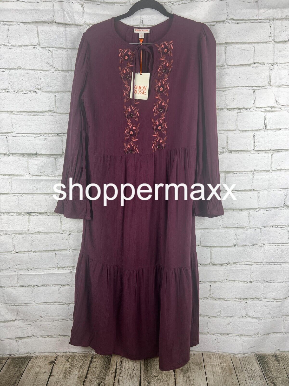 Women's Long Sleeve Embroidered A-Line Dress - Knox Rose, Plum Purple, X-Small