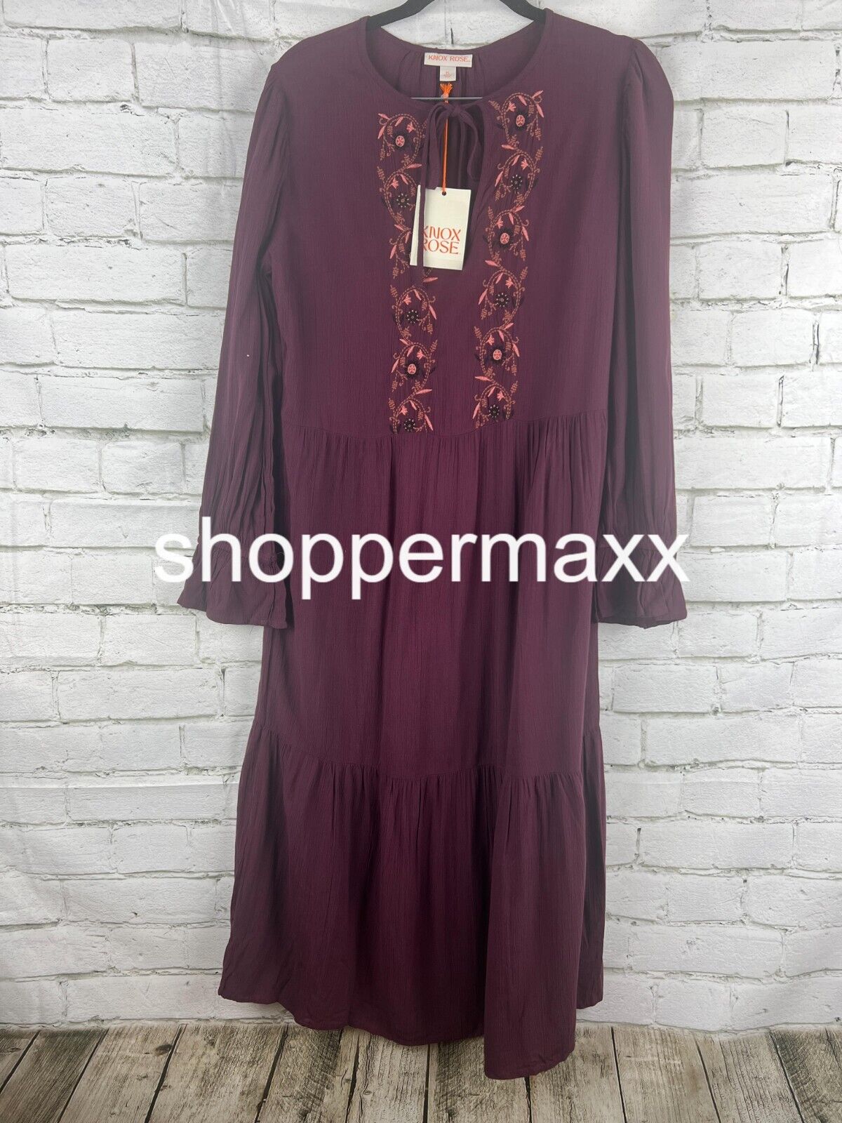 Women's Long Sleeve Embroidered A-Line Dress - Knox Rose, Plum Purple, X-Small