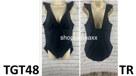 Women Ruffle Shoulder Ruched Full Coverage One Piece Swimsuit- Kona Sol Black XL