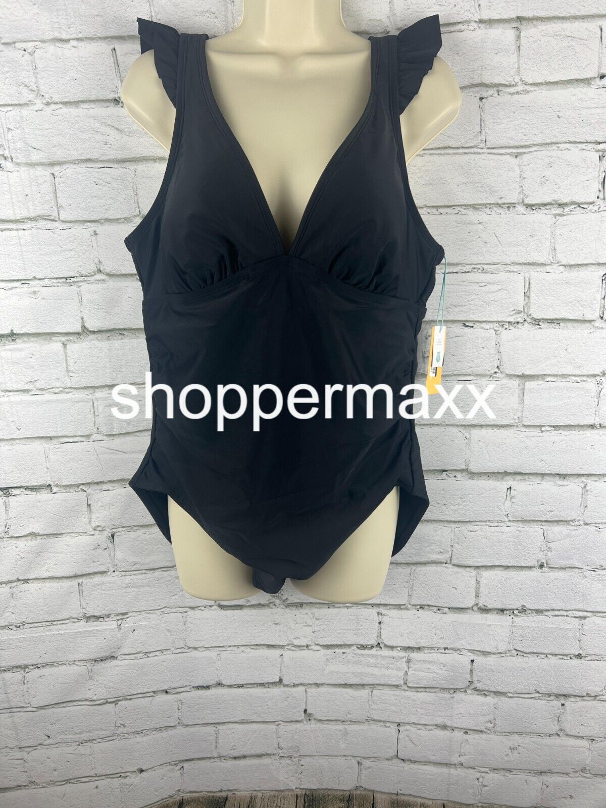 Women Ruffle Shoulder Ruched Full Coverage One Piece Swimsuit- Kona Sol Black XL