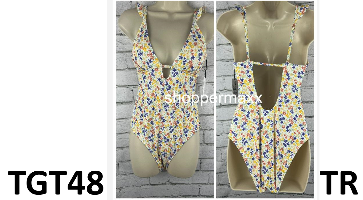 Women Ruffle Shoulder Plunge 1 Piece Swimsuit-Shade & Shore Ditsy Floral Print S