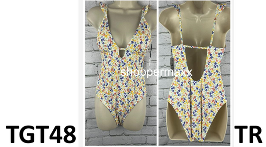 Women Ruffle Shoulder Plunge 1 Piece Swimsuit-Shade & Shore Ditsy Floral Print S