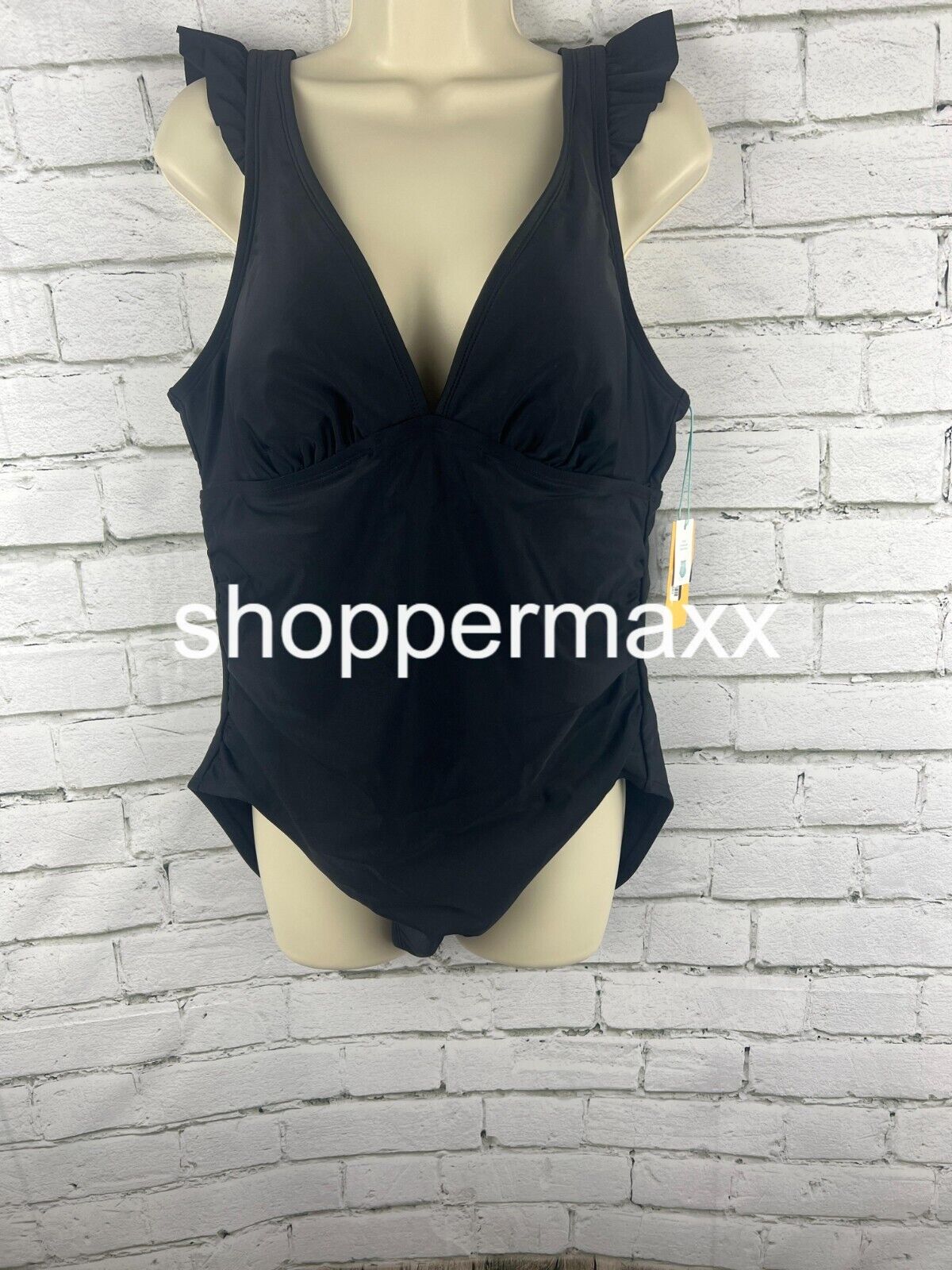 Women Ruffle Shoulder Ruched Full Coverage One Piece Swimsuit- Kona Sol Black XL