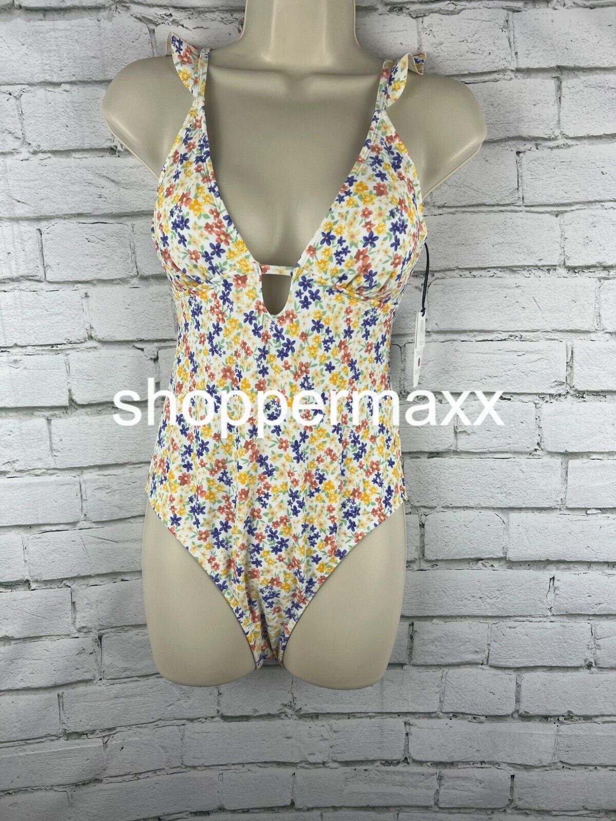 Women Ruffle Shoulder Plunge 1 Piece Swimsuit-Shade & Shore Ditsy Floral Print S
