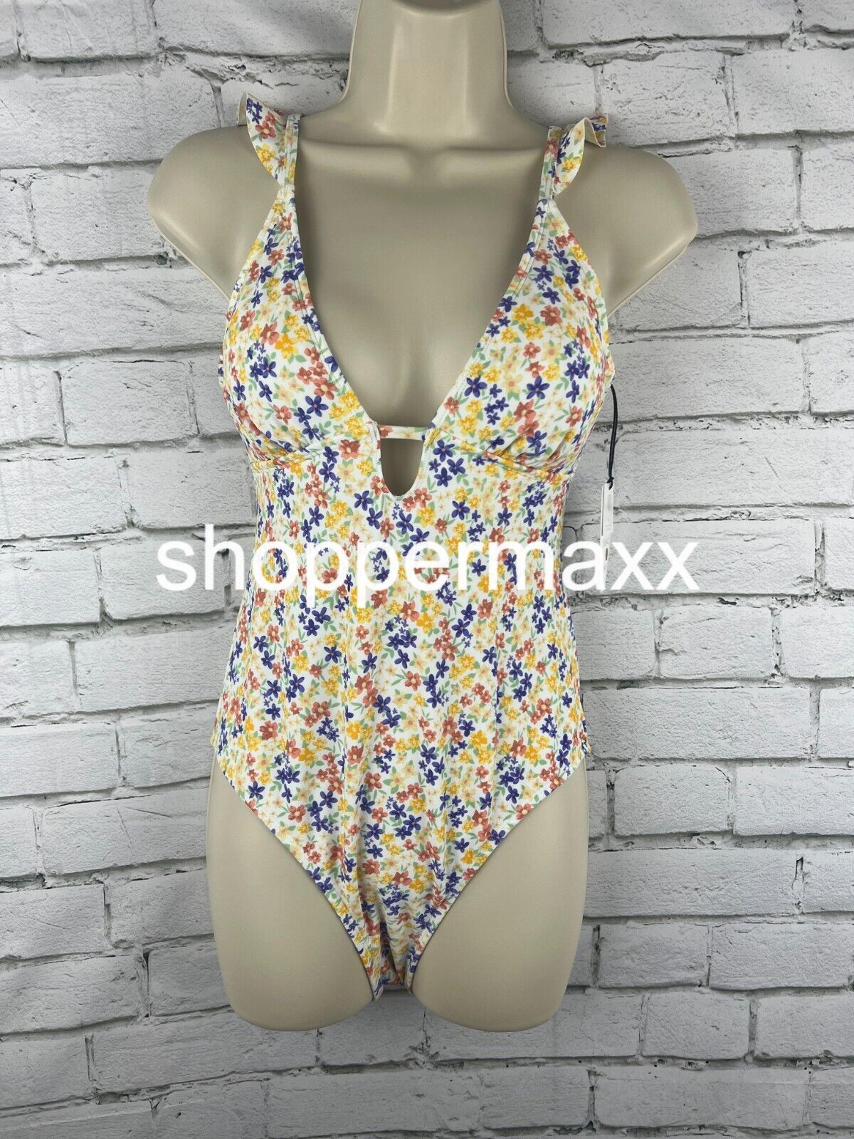Women Ruffle Shoulder Plunge 1 Piece Swimsuit-Shade & Shore Ditsy Floral Print S