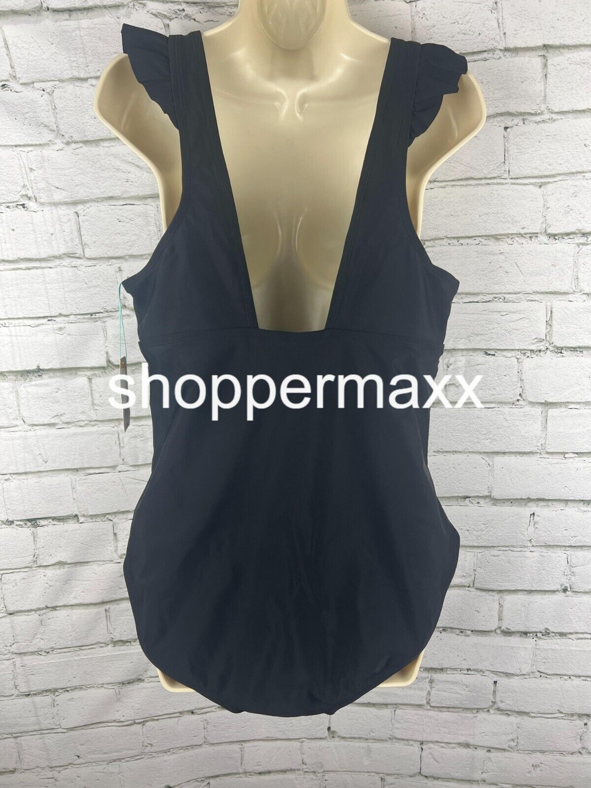 Women Ruffle Shoulder Ruched Full Coverage One Piece Swimsuit- Kona Sol Black XL