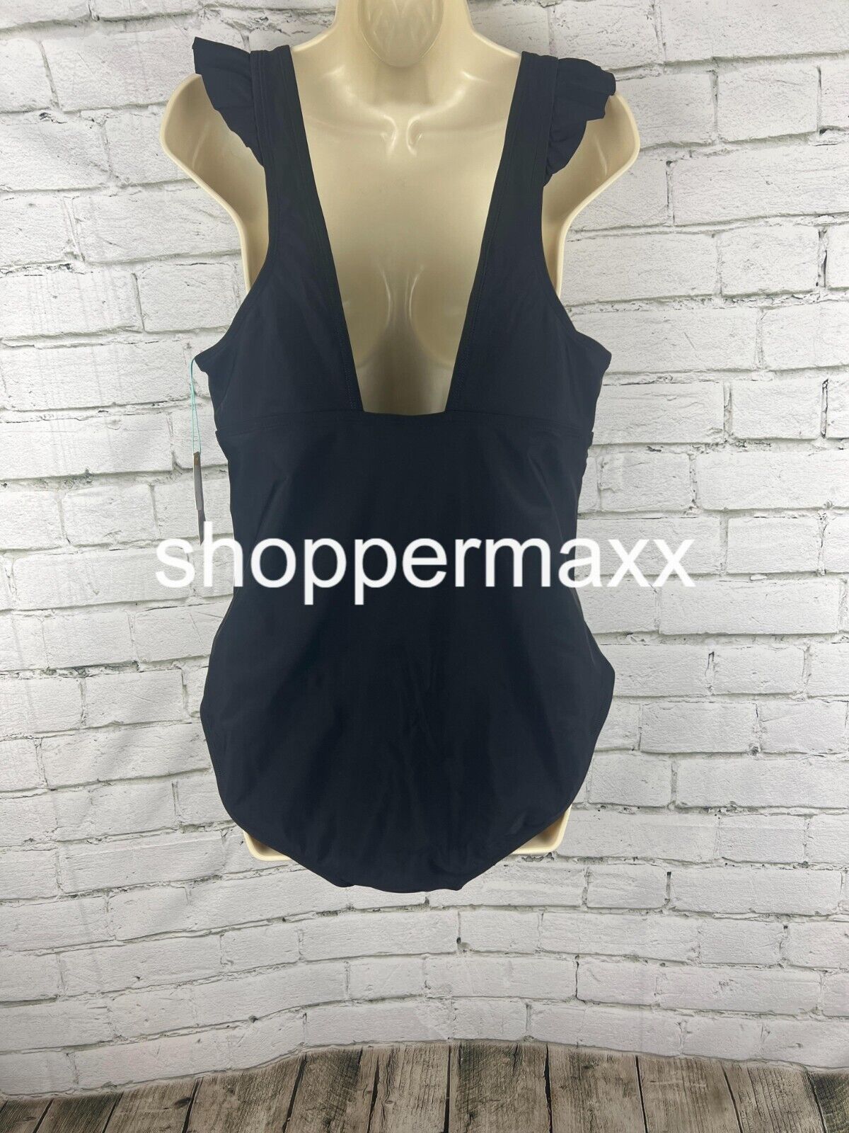 Women Ruffle Shoulder Ruched Full Coverage One Piece Swimsuit- Kona Sol Black XL