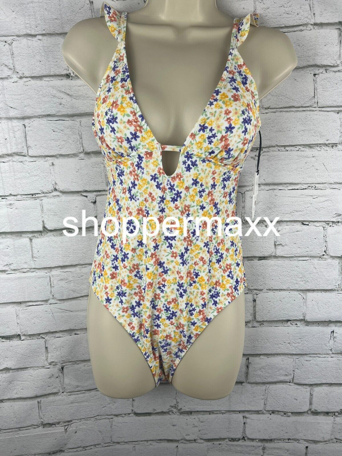 Women Ruffle Shoulder Plunge 1 Piece Swimsuit-Shade & Shore Ditsy Floral Print S
