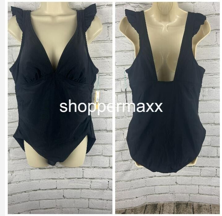 Women Ruffle Shoulder Ruched Full Coverage One Piece Swimsuit- Kona Sol Black XL