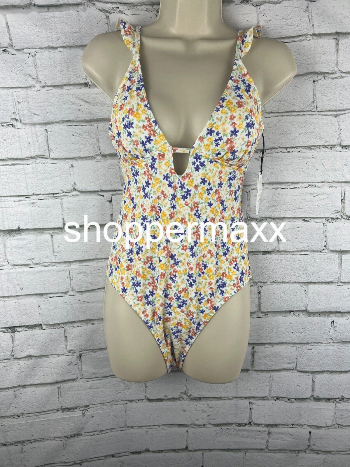 Women Ruffle Shoulder Plunge 1 Piece Swimsuit-Shade & Shore Ditsy Floral Print S
