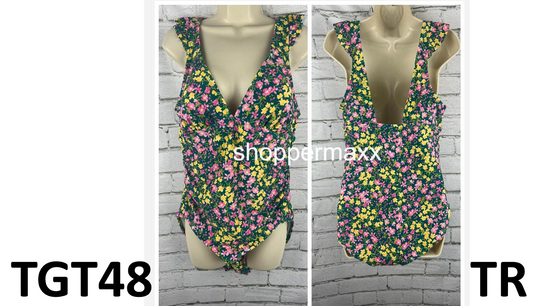 Women's Ruffle Shoulder Ruched Full Coverage One Piece Swimsuit-Kona Sol Multi L