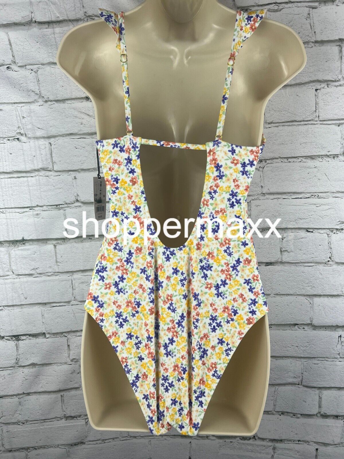 Women Ruffle Shoulder Plunge 1 Piece Swimsuit-Shade & Shore Ditsy Floral Print S